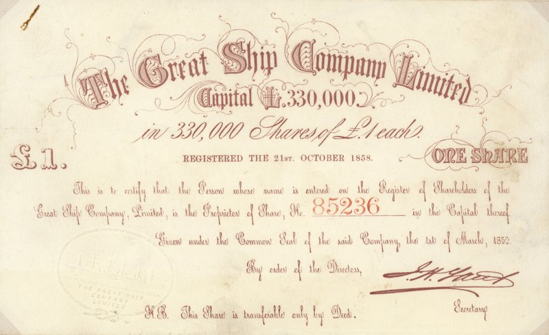 Een £1 aandeelcertificaat uitgegeven door The Great Ship Company Limited door English School
