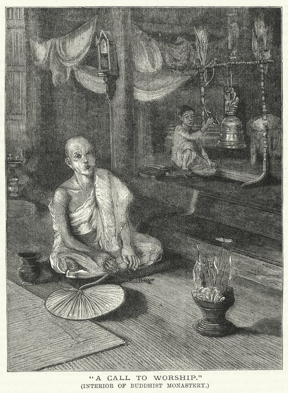 "Een oproep tot aanbidding," interieur van een boeddhistisch klooster (gravure) door English School