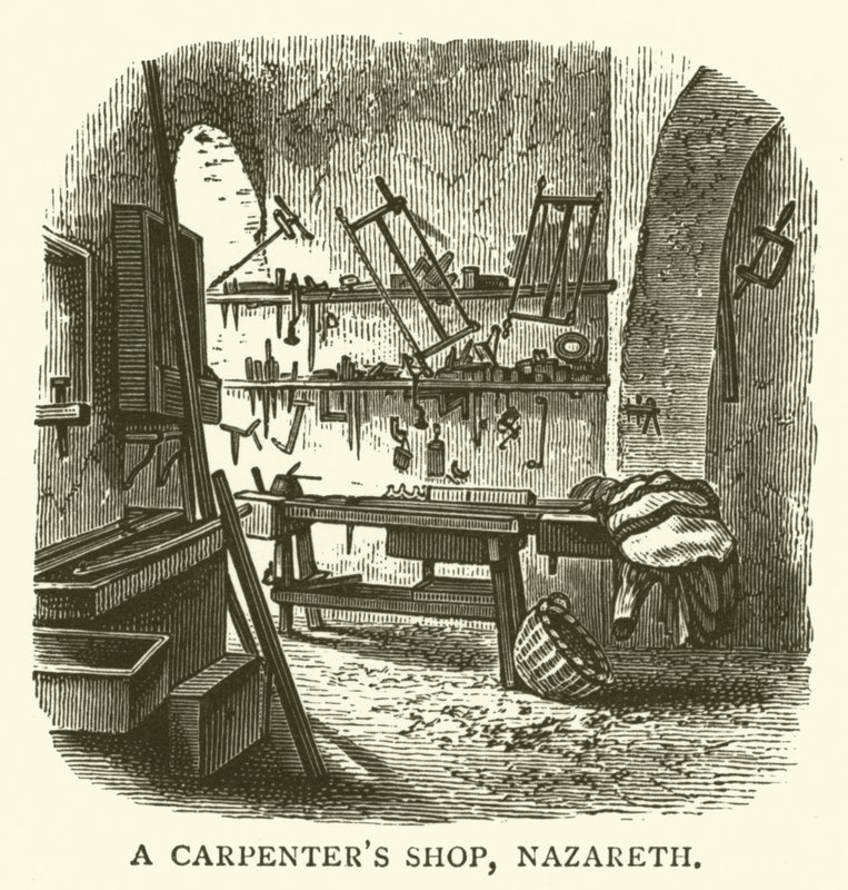 Een timmermanswerkplaats, Nazareth (gravure) door English School