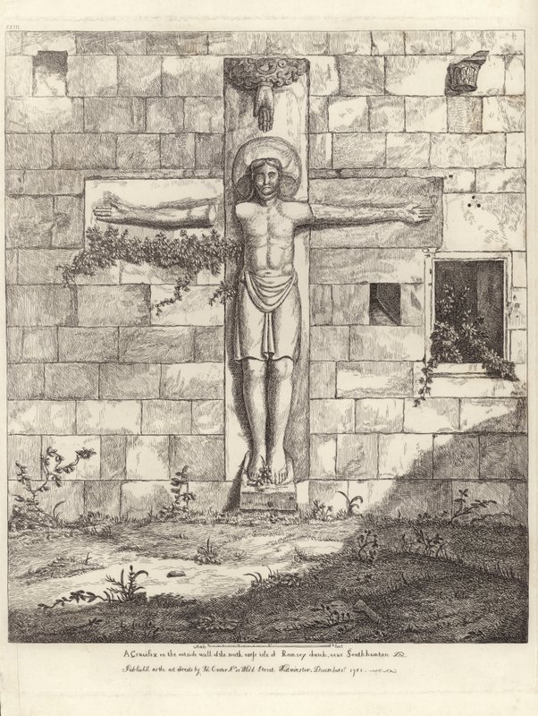 Een kruisbeeld aan de buitenmuur van het zuidelijke dwarsschip van de kerk van Rumsey door English School