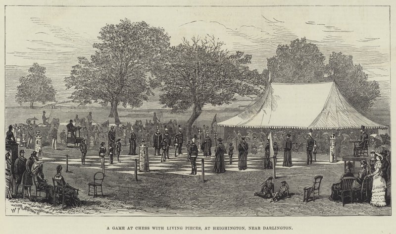 Een Partij Schaak met Levende Stukken, in Heighington, nabij Darlington (gravure) door English School