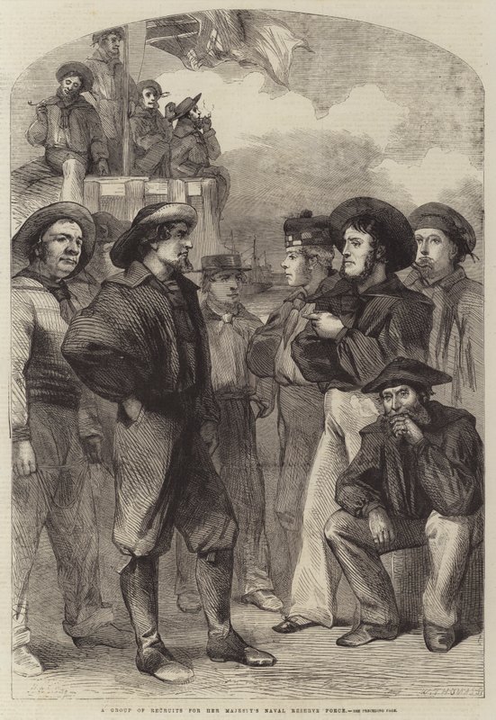 Een groep rekruten voor de marine reserve van Hare Majesteit (gravure) door English School