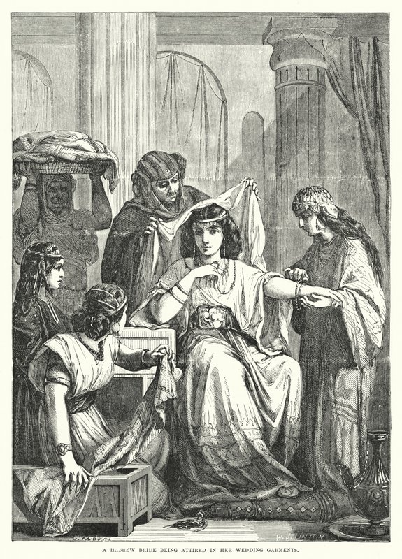 Een Hebreeuwse bruid die haar trouwkleding aantrekt (gravure) door English School