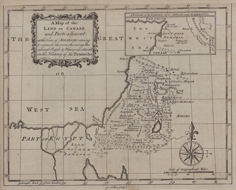 Een kaart van het land Kanaän en aangrenzende delen ten tijde van Abrahams komst om er te verblijven, met daarop aangegeven de verschillende mensen en plaatsen die worden genoemd in de geschiedenis van de patriarchen (gravure) door English School