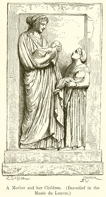 Een moeder en haar kinderen. (Bas-reliëf in het Louvre Museum) door English School