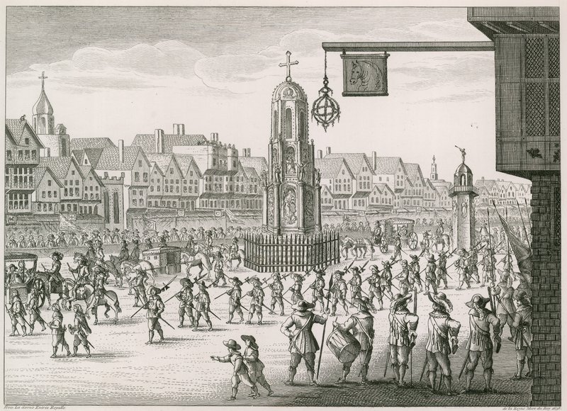 Een noordoostelijk uitzicht op Cheapside met The Cross en Conduit door English School
