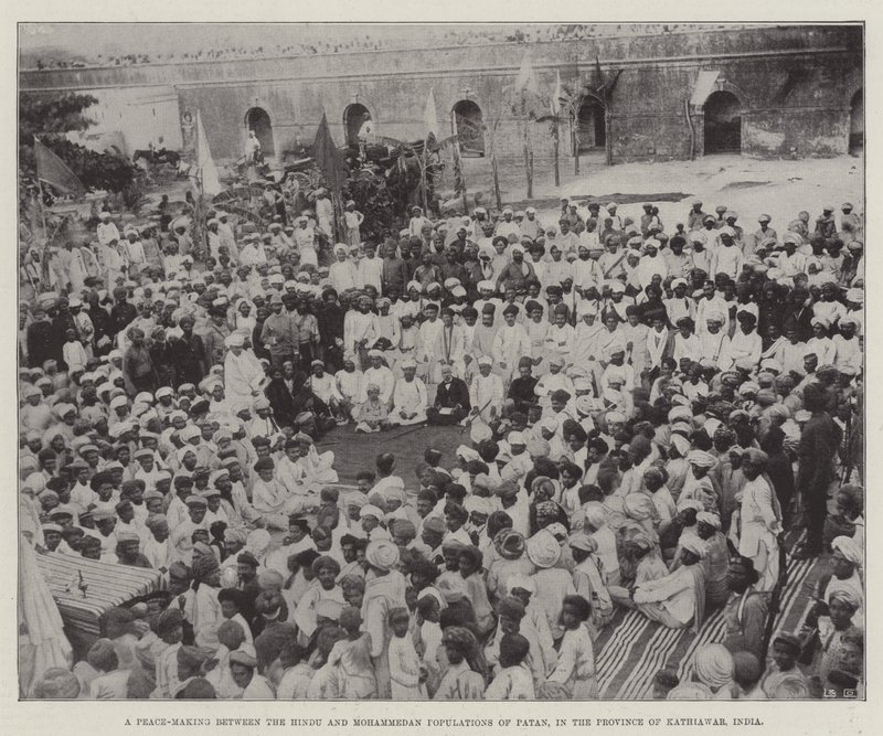 Een vredesluiting tussen de hindoeïstische en mohammedaanse bevolkingen van Patan, in de provincie Kathiawar, India (gravure) door English School