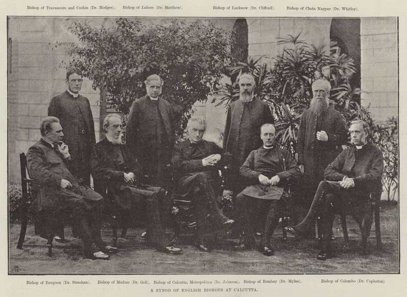 Een synode van Engelse bisschoppen in Calcutta (gravure) door English School