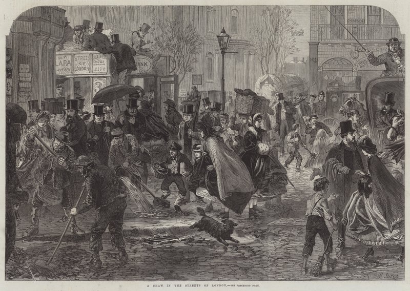Een dooi in de straten van Londen (gravure) door English School