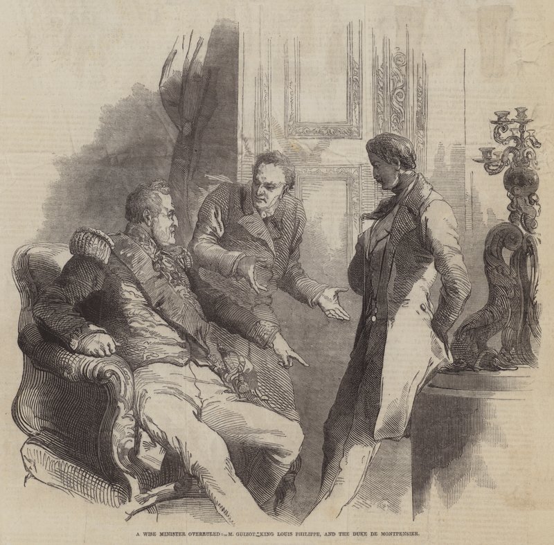 Een wijze minister overruled, M Guizot koning Louis Philippe, en de hertog de Montpensier (gravure) door English School