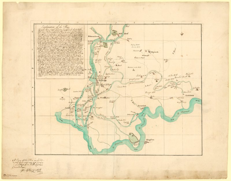 Een kopie van het plan dat in 1721 werd opgesteld om een nieuwe rivier uit Uxbridge te halen, gecorrigeerd, 6 februari 1766 door English School