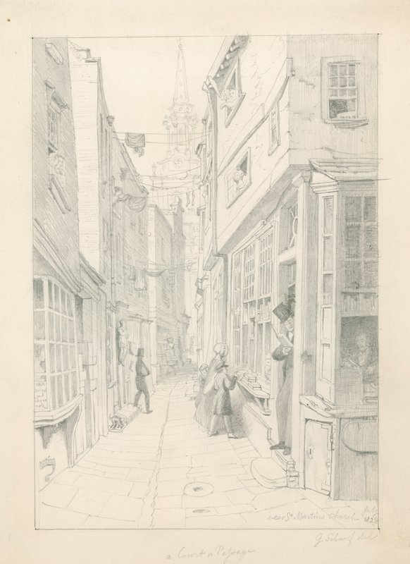 Een hof of doorgang nabij St Martins Kerk, Londen, juli 1828 door English School