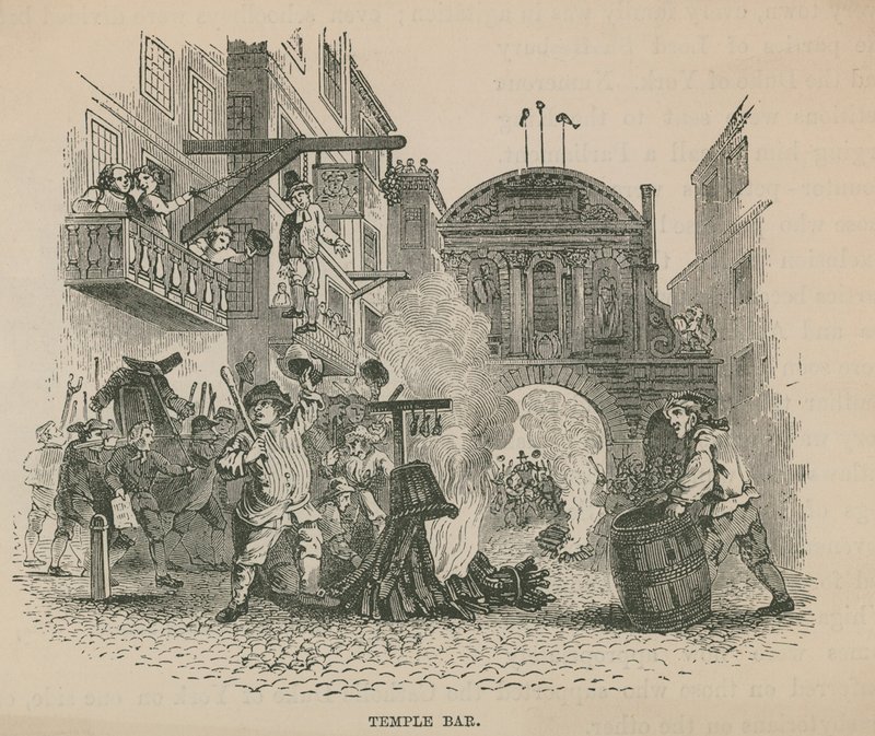 Een menigte stookt een vreugdevuur voor Temple Bar door English School
