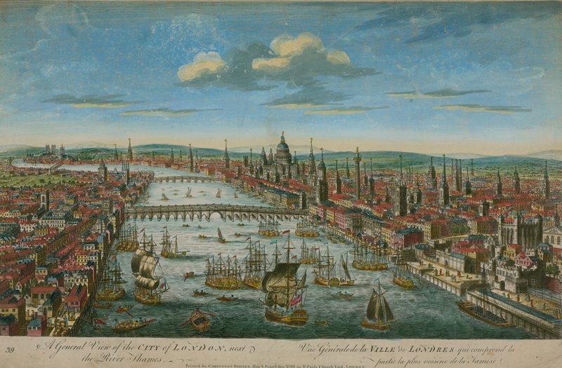 Een algemeen uitzicht op de stad Londen, naast de rivier de Theems door English School