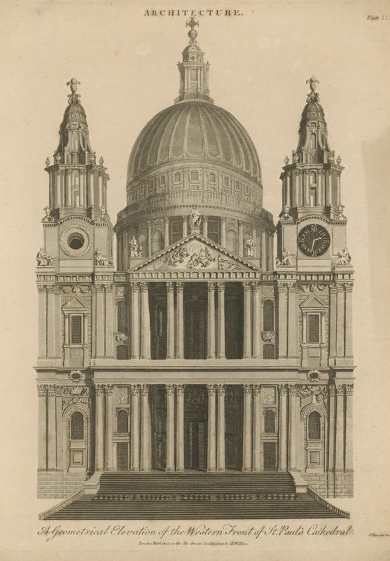 Een geometrische elevatie van de westelijke voorzijde van St Paul
