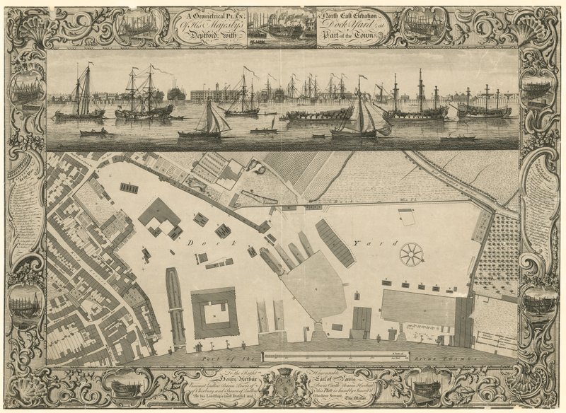 Een geometrisch plan en noordoostelijke elevatie van de scheepswerf van Zijne Majesteit in Deptford met een deel van de stad door English School