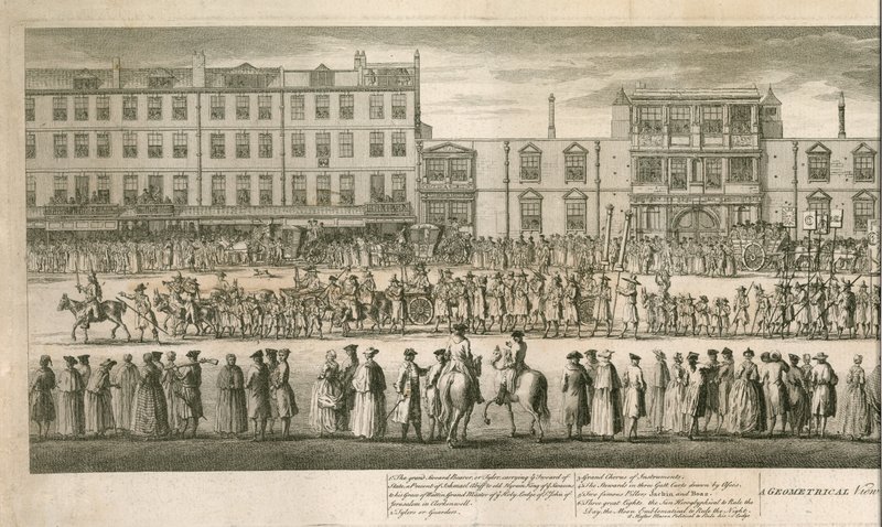 Een geometrisch uitzicht op de grote processie van de Scald Miserable Masons, Somerset House, Londen door English School
