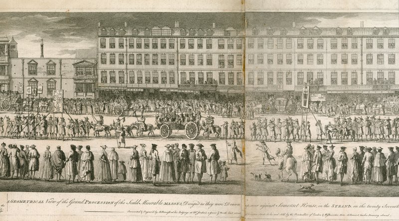 Een geometrisch uitzicht op de grote processie van de Scald Miserable Masons, Somerset House, Londen door English School
