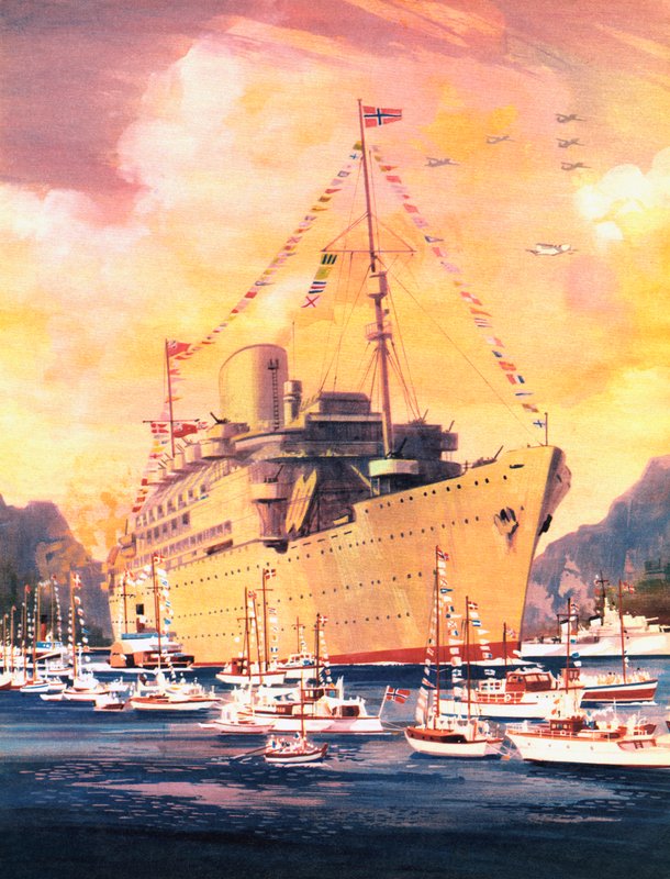 Een groot moment in de geschiedenis van de Royal Mail Line, de Andes arriveert in Oslo in 1945 door English School
