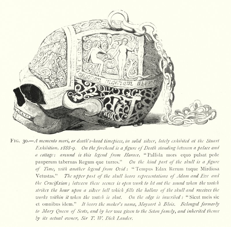 Een memento mori, of doodshoofdklok, in massief zilver, onlangs tentoongesteld op de Stuart Tentoonstelling door English School