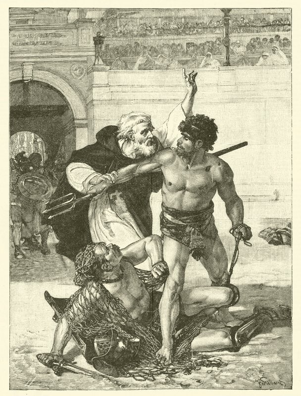 Een monnik, Telemachus, probeert de gladiatorenspelen in het Colosseum, Rome te stoppen (gravure) door English School