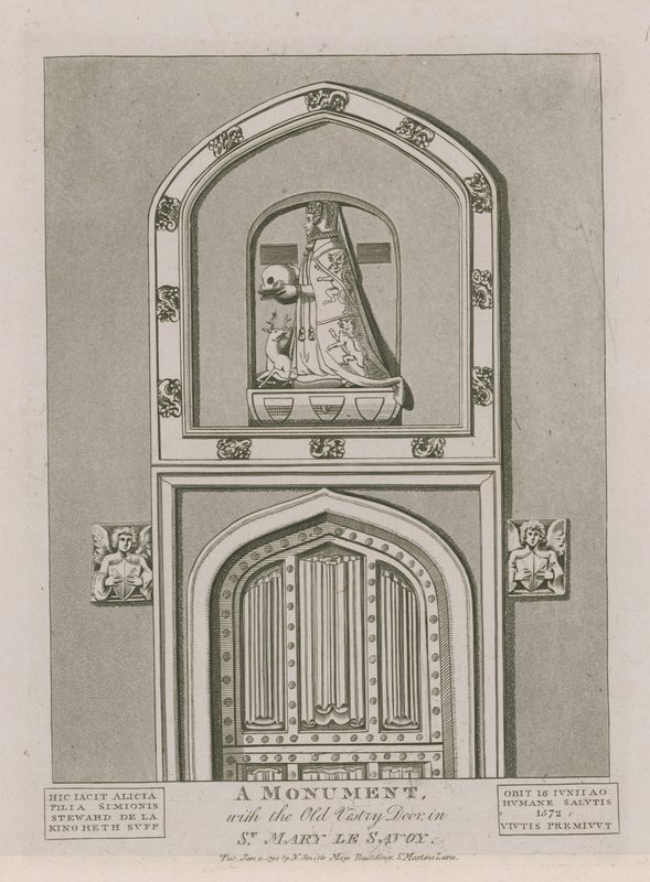 Een monument met de oude vestry deur in St Mary le Savoy door English School