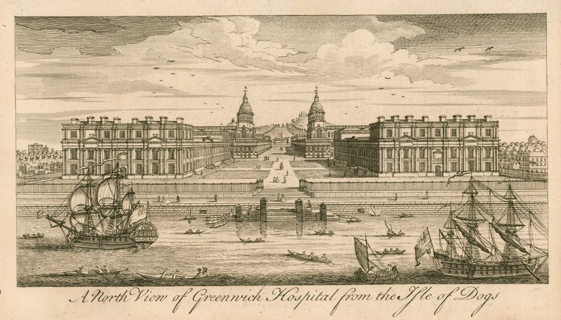 Een noordelijk uitzicht op Greenwich Hospital, Londen, vanaf het Isle of Dogs door English School