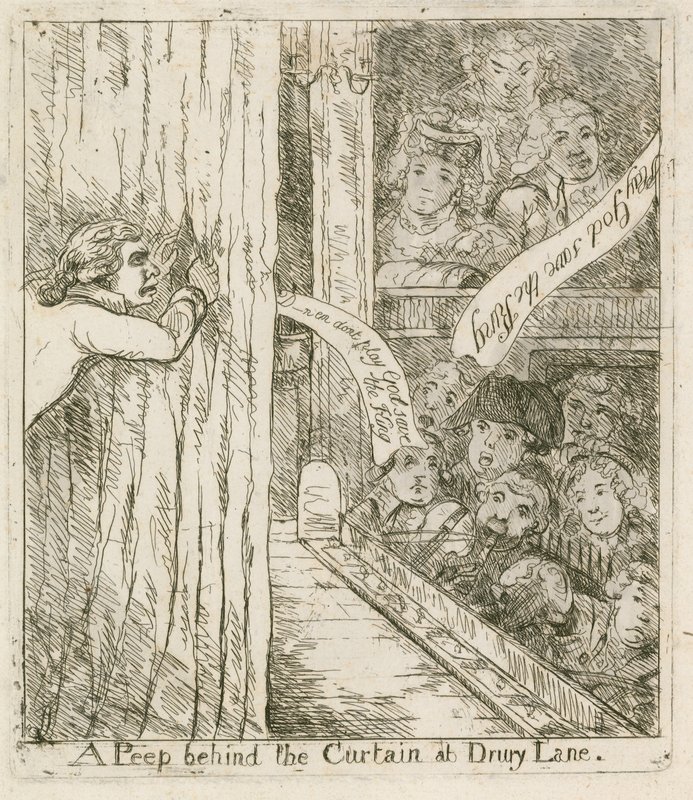 Een kijkje achter het gordijn bij Drury Lane; cartoon door English School