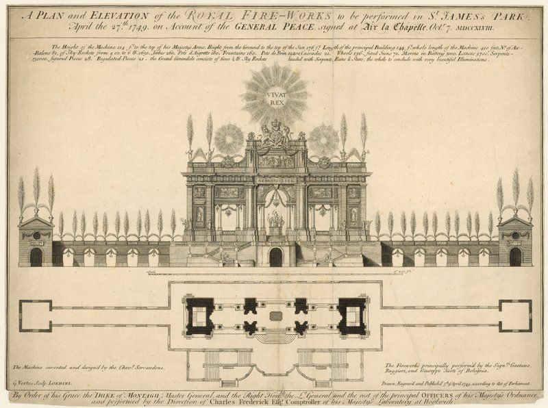 Een plan en elevatie van het Koninklijk Vuurwerk uitgevoerd in St James