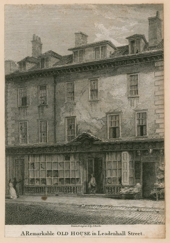 Een opmerkelijk oud huis in Leadenhall Street, Londen door English School