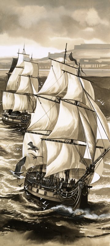 Een saluut van kanonnen begeleidde het vertrek van Jean de La Perouse op een ontdekkingsreis naar de Stille Oceaan. door English School