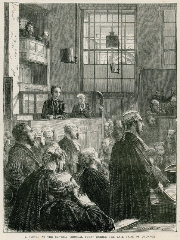 Een schets bij het Centraal Strafhof tijdens het recente proces van O