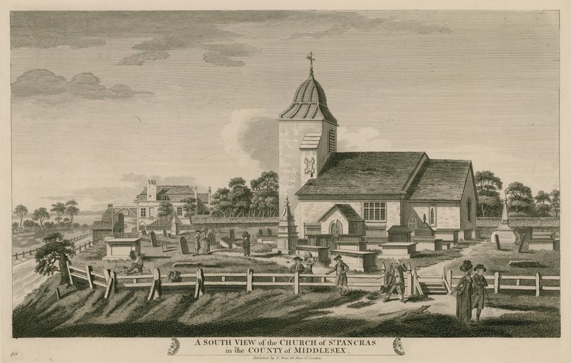 Een zuidelijk uitzicht op de Kerk van St Pancras, Londen, in het graafschap Middlesex door English School