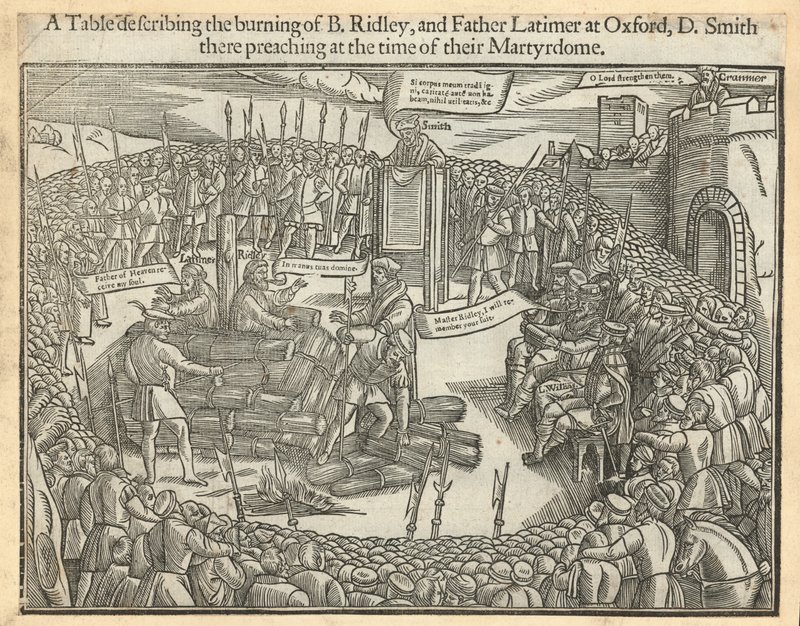 Een tabel die de verbranding van bisschop Ridley en vader Latimer in Oxford beschrijft door English School