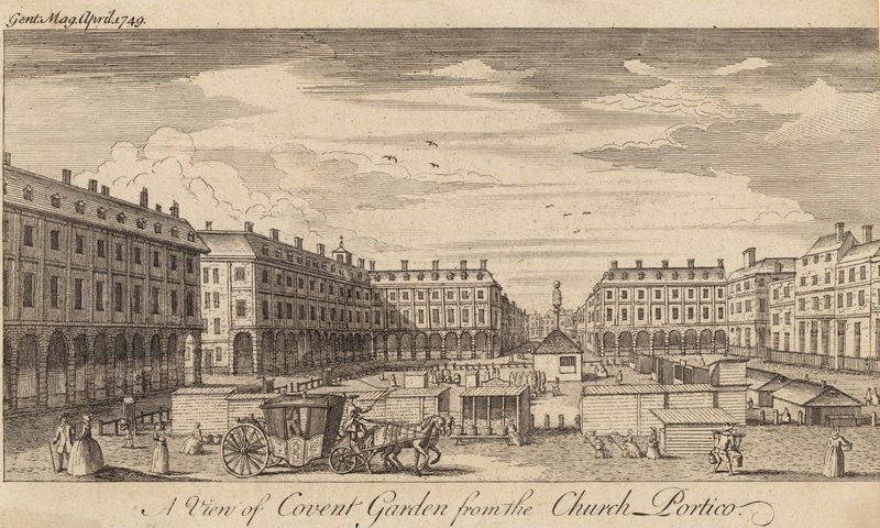 Een uitzicht op Covent Garden, Londen, vanaf het kerkportiek door English School