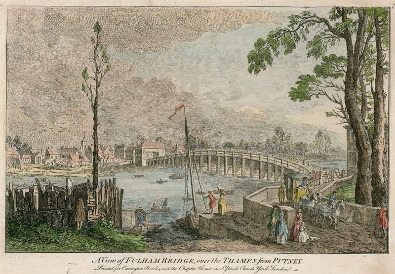 Een uitzicht op Fulham Bridge, Londen, over de rivier de Theems vanuit Putney door English School