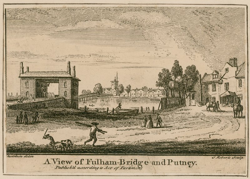 Een uitzicht op Fulham Bridge en Putney door English School