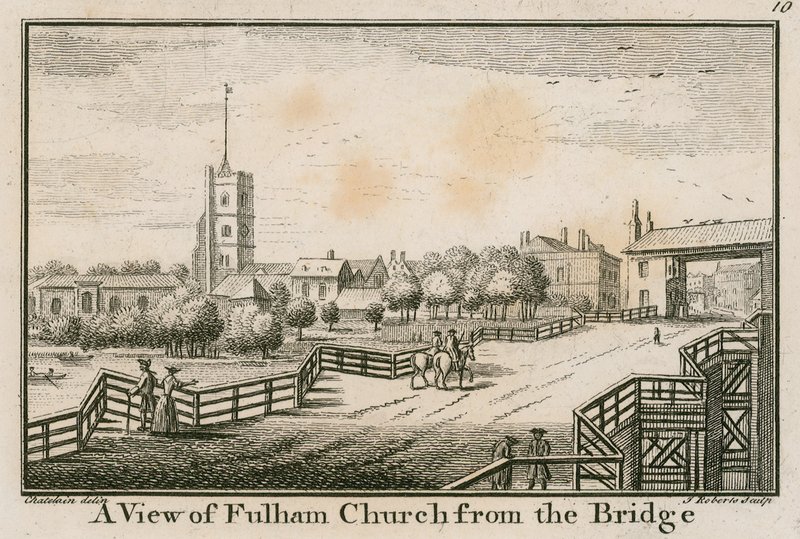 Een uitzicht op Fulham Church, Londen, vanaf de Fulham Bridge door English School