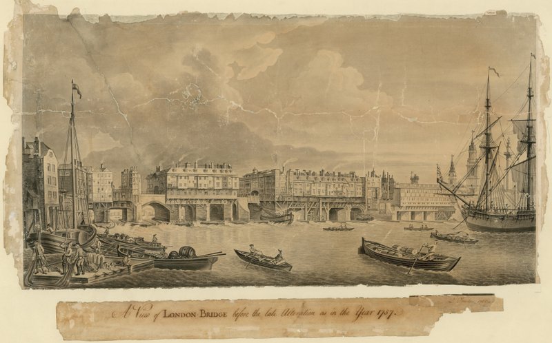 Een uitzicht op London Bridge voor de laatste wijziging zoals in het jaar 1757 door English School