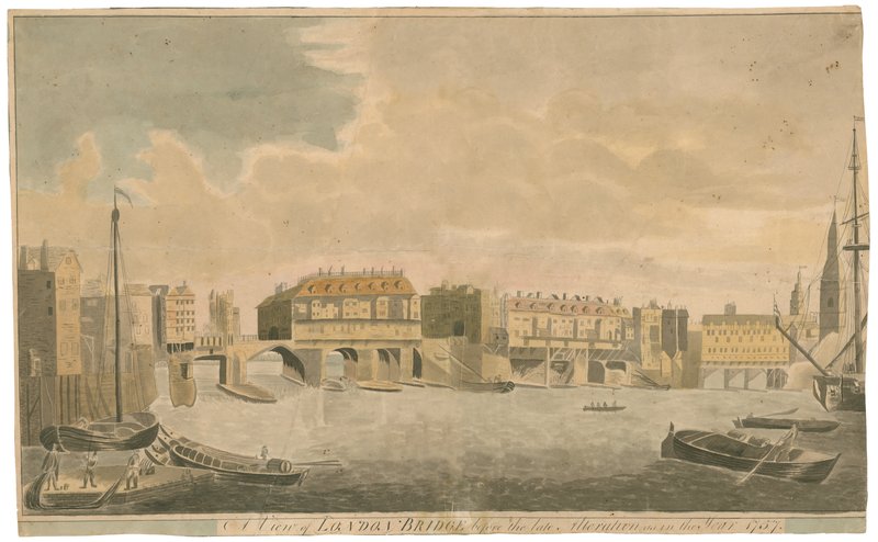 Een uitzicht op de oude London Bridge voor wijzigingen, zoals in 1757 door English School