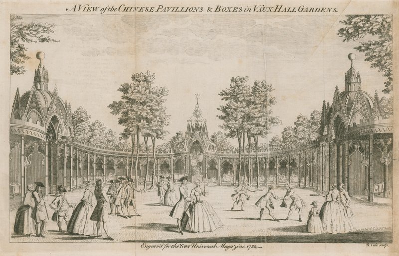 Een uitzicht op de Chinese Paviljoens en boxen in Vauxhall Gardens, Londen door English School