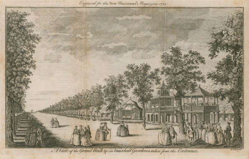 Een uitzicht op de Grote Wandelgang in Vauxhall Gardens, Londen, genomen vanaf de ingang door English School