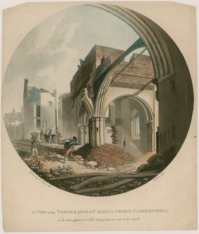Een uitzicht op de Toren en Boog van St Jamess Kerk, Clerkenwell door English School