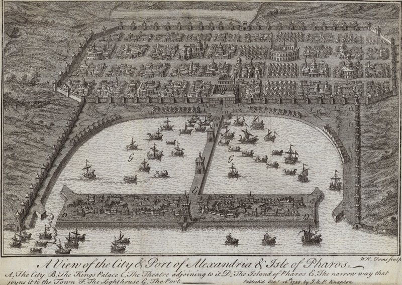 Een uitzicht op de stad en haven van Alexandrië en het eiland Pharos, Egypte, 1738 door English School