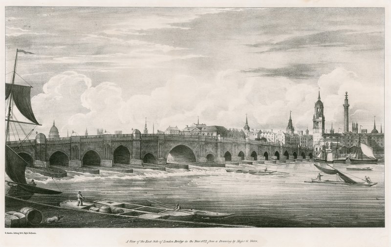 Een uitzicht op de oostkant van de Londense Brug in het jaar 1827 door English School