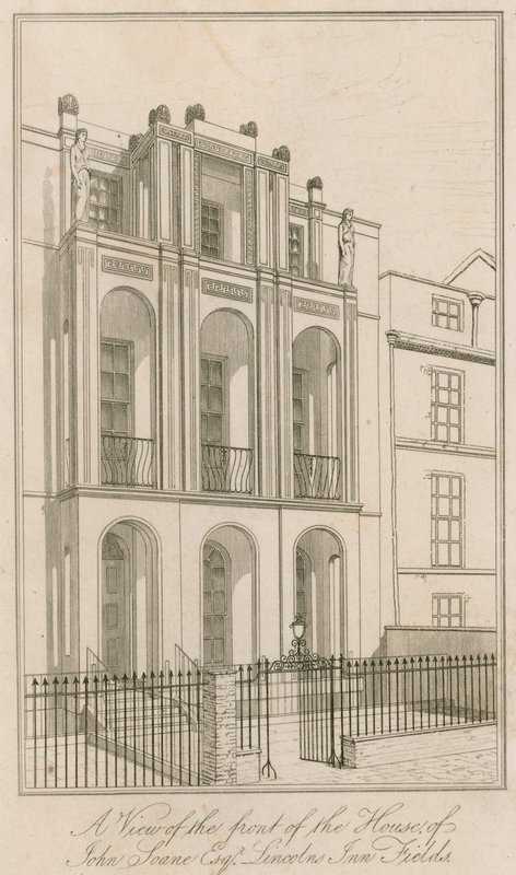 Een uitzicht op de voorkant van het huis van John Soane Esq, Lincolns Inn Fields, Londen door English School