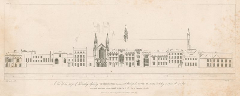 Een uitzicht op het gebouw naast Westminster Hall en aan de rivier de Theems door English School