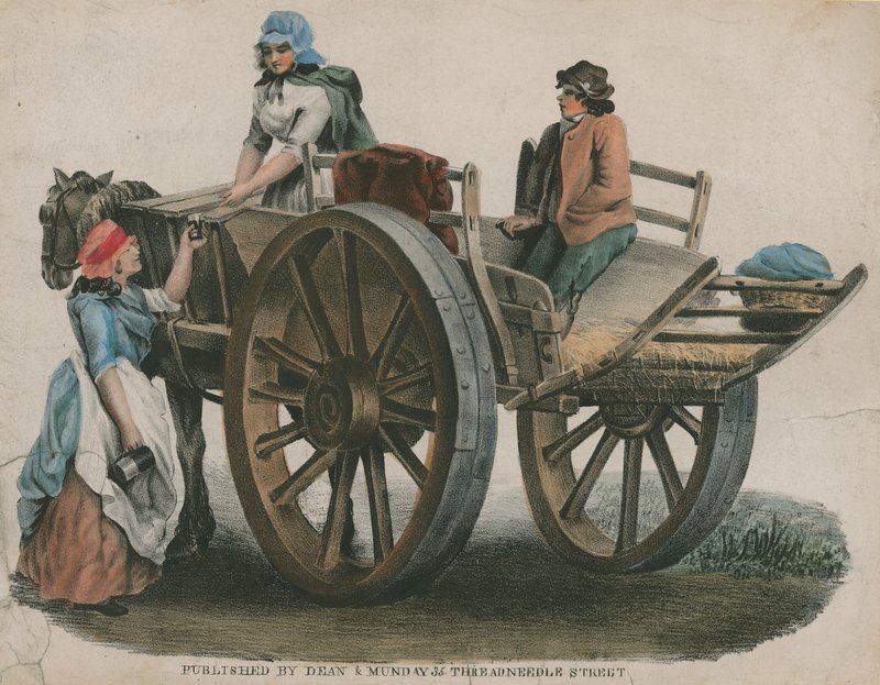Een vrouw en een kind op een paard-en-wagen door English School