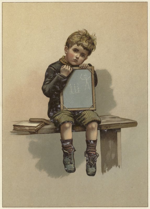 Een jonge jongen zit te huilen terwijl hij zijn kin op een schoolbord rust door English School