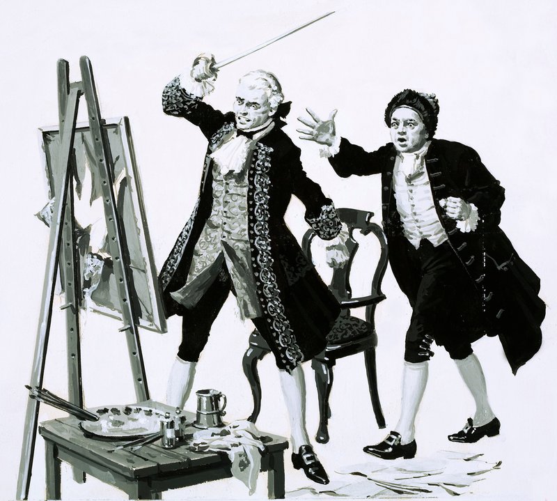 Een jonge man sneed een onvleiend portret van zijn vader door Hogarth met een zwaard door English School